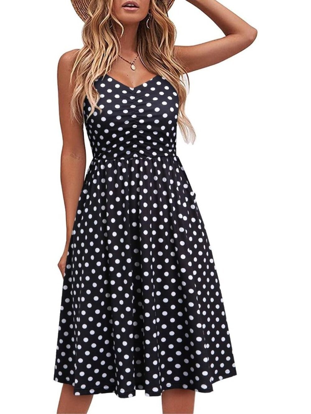 Women's Black Dot Sleeveless V Neck A LINE Spaghetti Pockets MIDI Dress